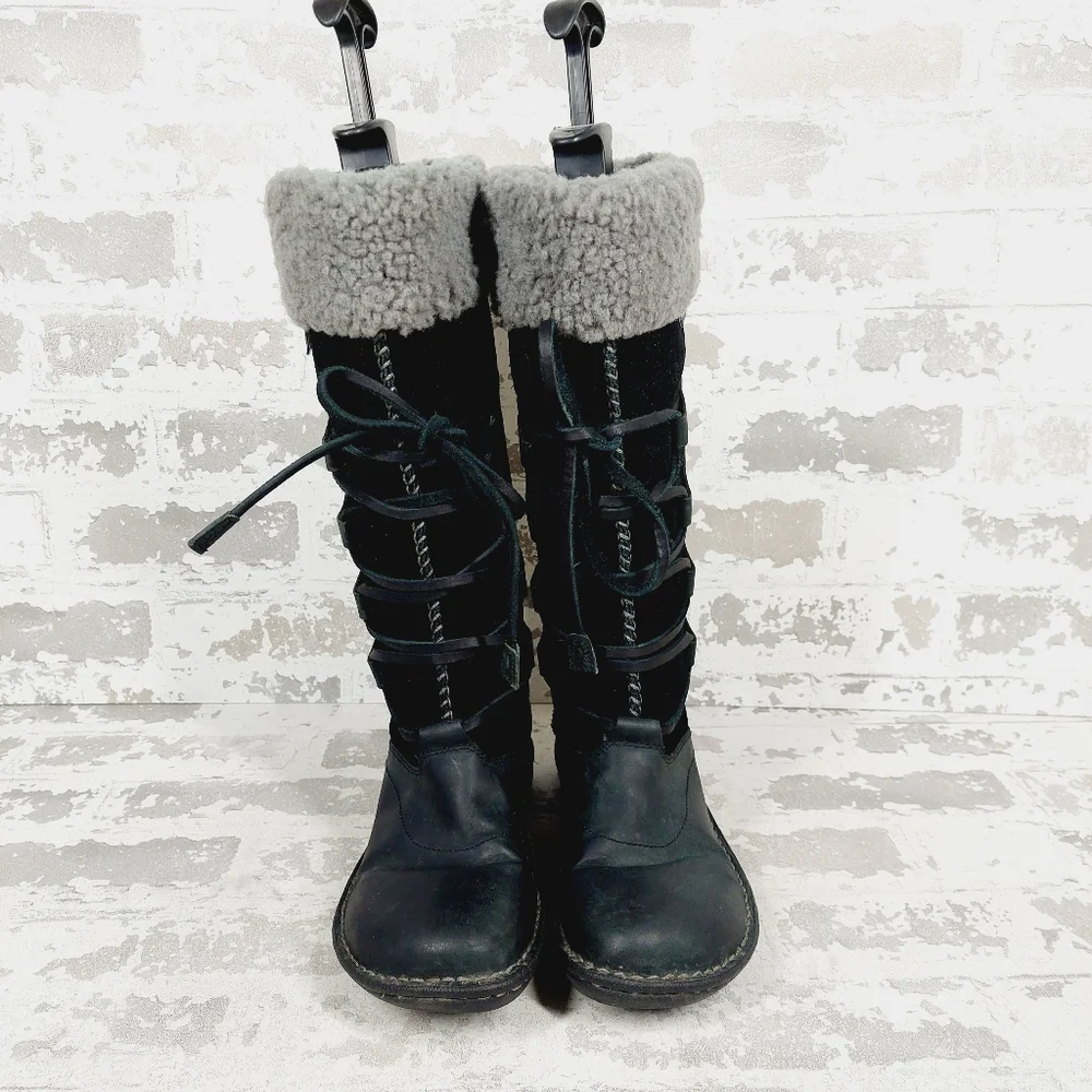 UGG Torrey Black Leather Knit Tall Pull on Winter Snow Boots V704 - Picture 7 of 12